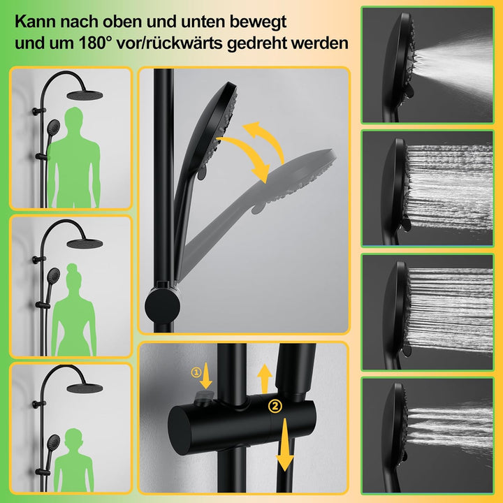 Regendusche Duschsystem ohne Armatur, Duschset mit Edelstahl Duschstange, Duschsäule mit ABS Kopfbra