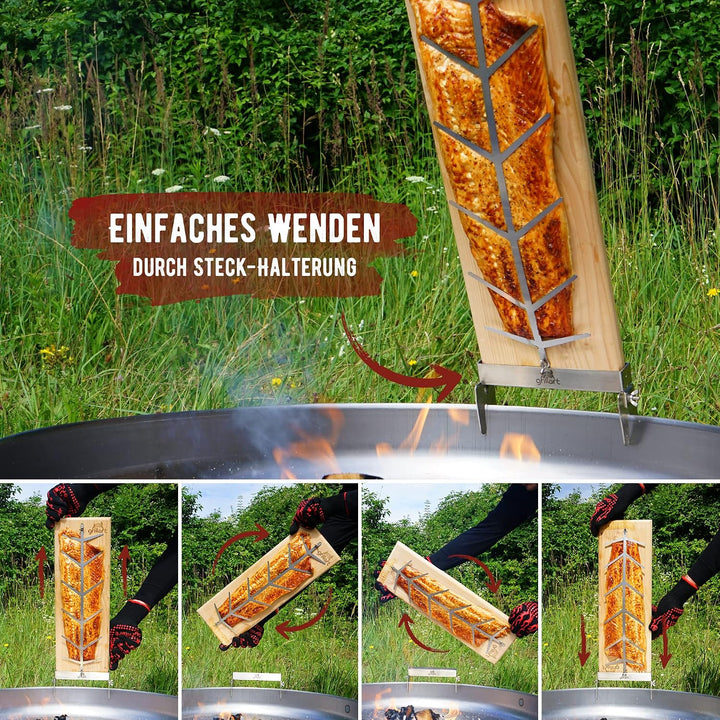 grillart® Premium Flammlachsbrett mit Halterung (Birkenholz) aus Edelstahl für herrlichen Flammlachs
