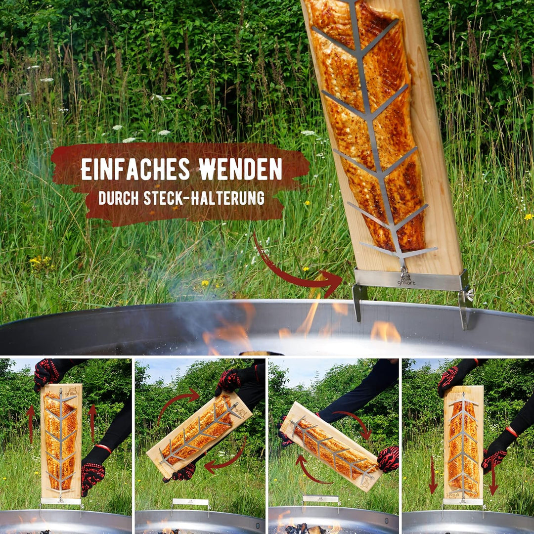 grillart® Premium Flammlachsbrett mit Halterung (Birkenholz) aus Edelstahl für herrlichen Flammlachs