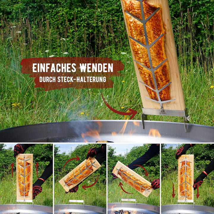 grillart® Premium Flammlachsbrett mit Halterung (Birkenholz) aus Edelstahl für herrlichen Flammlachs
