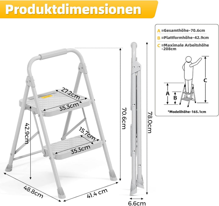 KINGRACK Trittleiter 2 Stufen Klappbar, haushaltsleiter Klapptritt 2 Stufen, Leiter mit Sicherheitss