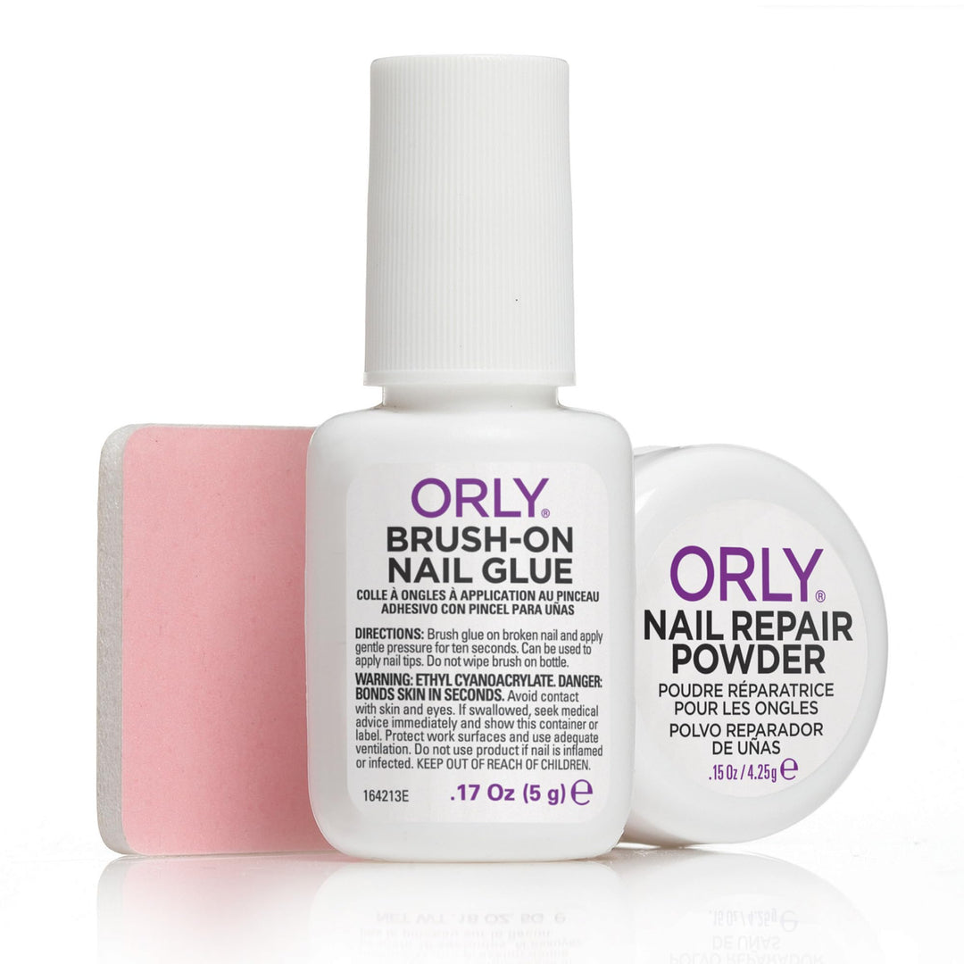 ORLY Nagel-Reparatur Set - mit Brush-On Nail Glue, Nail Repair Powder und Polierfolie - schnelle und