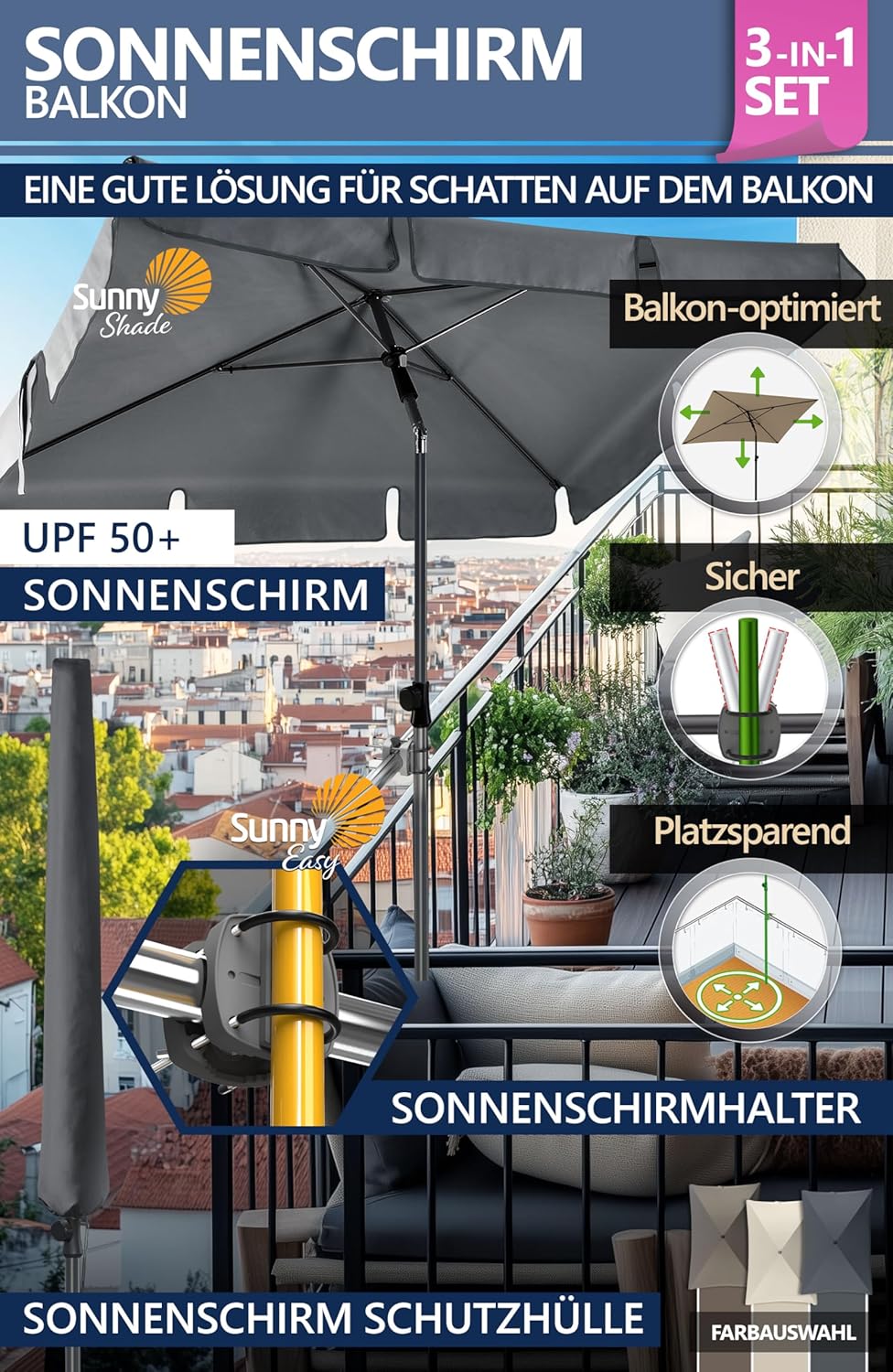 4smile Sonnenschirm Balkon 3-in-1 SET, Anthrazit | UPF 50+ Sonnenschirm rechteckig 200 x 125 cm + So