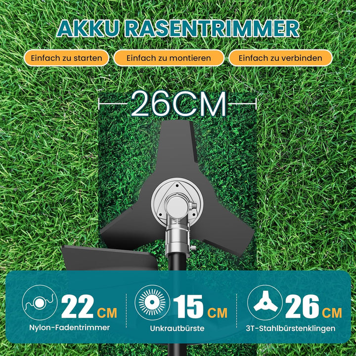 Rasentrimmer mit Akku, 26 cm Akku Freischneider mit Frontmotor, 2 x 5200 mAh Akkus und Ladegerät, 80