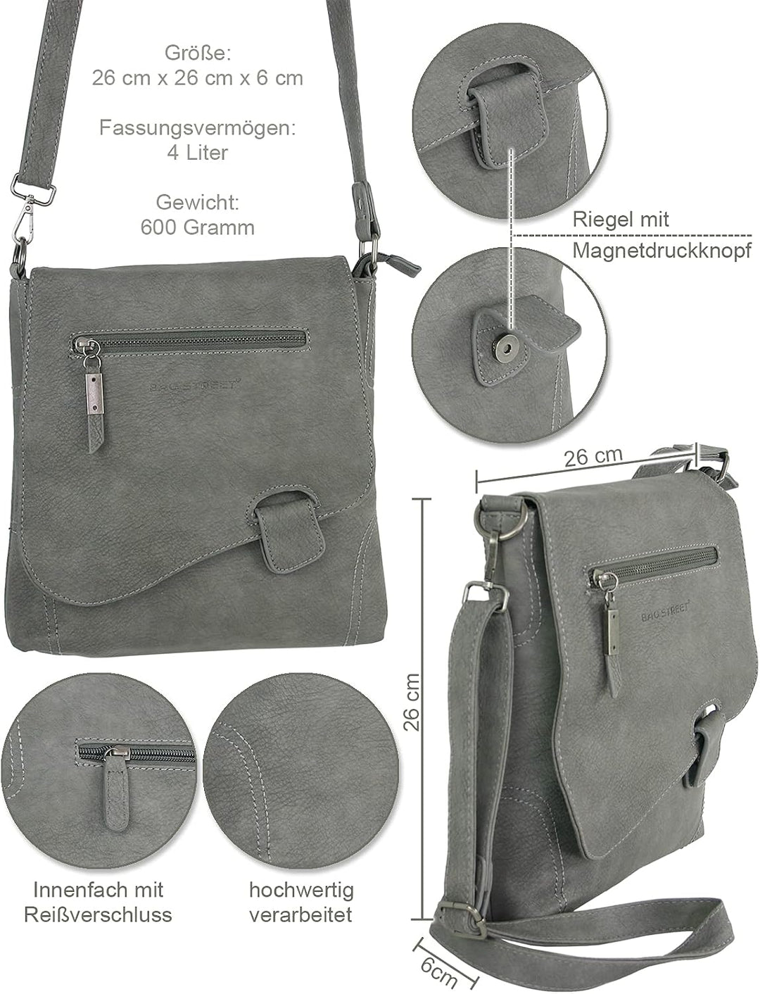 BAG STREET - Damen Handtasche mit Riegel-Magnetverschluss und Reissverschluss - 4 Liter Volumen - Um