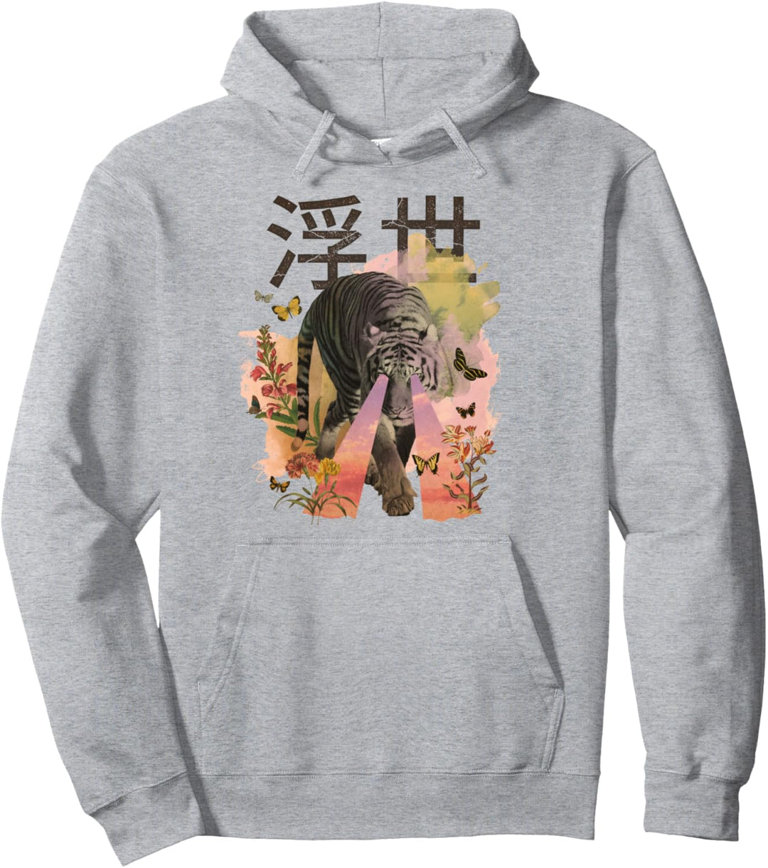 Japanischer Text mit Tiger, Wildblumen-Buchstabe Natur Pullover Hoodie