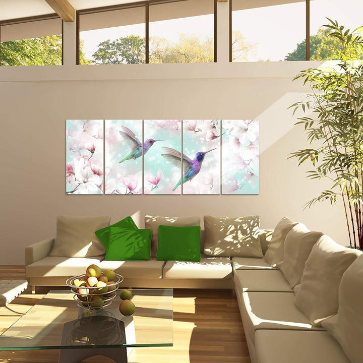 Runa Art Wandbild XXL Blumen Magnolien Wohnzimmer Schlafzimmer 200 x 80 cm Türkis 5 Teilig - Made in