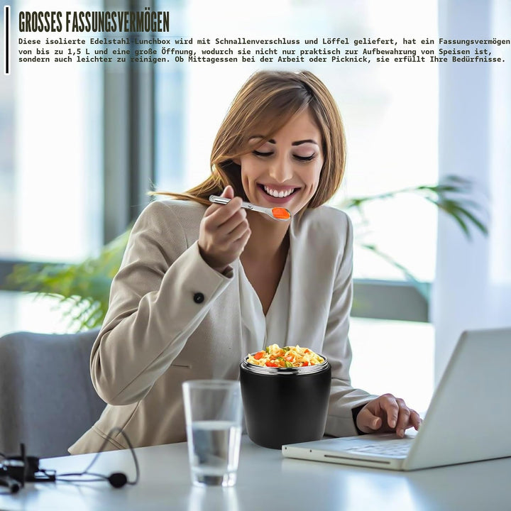 Thermobehälter Für Essen 1500ml, Warmhaltebehälter Essen Edelstahl Mit Schnallendeckel Und Löffel, B
