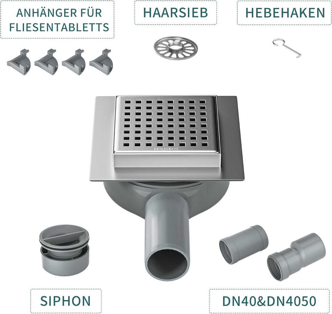 Duschrinne Quadrat 10 * 10cm, 360° Siphon mit Geruchsstop und Haarsieb Edelstahl Ablaufrinne Bodenab