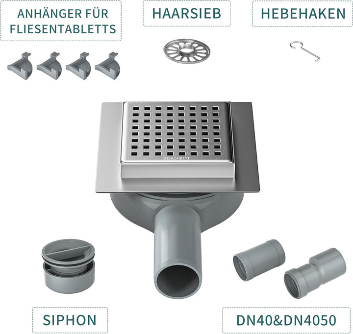 Duschrinne Quadrat 10 * 10cm, 360° Siphon mit Geruchsstop und Haarsieb Edelstahl Ablaufrinne Bodenab