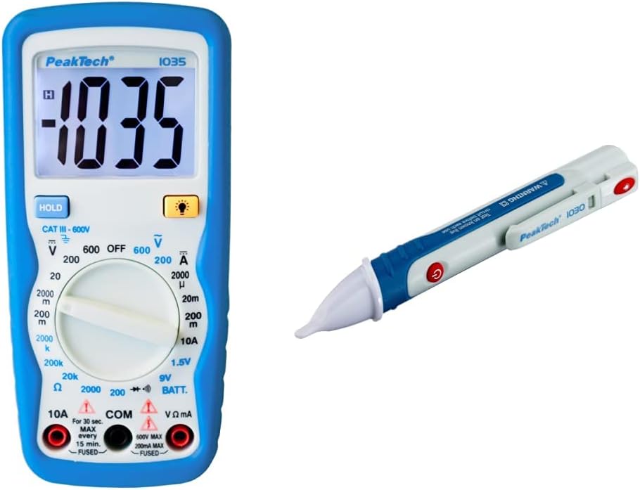 PeakTech Kompaktes Digital-Multimeter P1035, Blau, Weiss & Peak Tech P 1030 – Kontaktloser AC Spannu