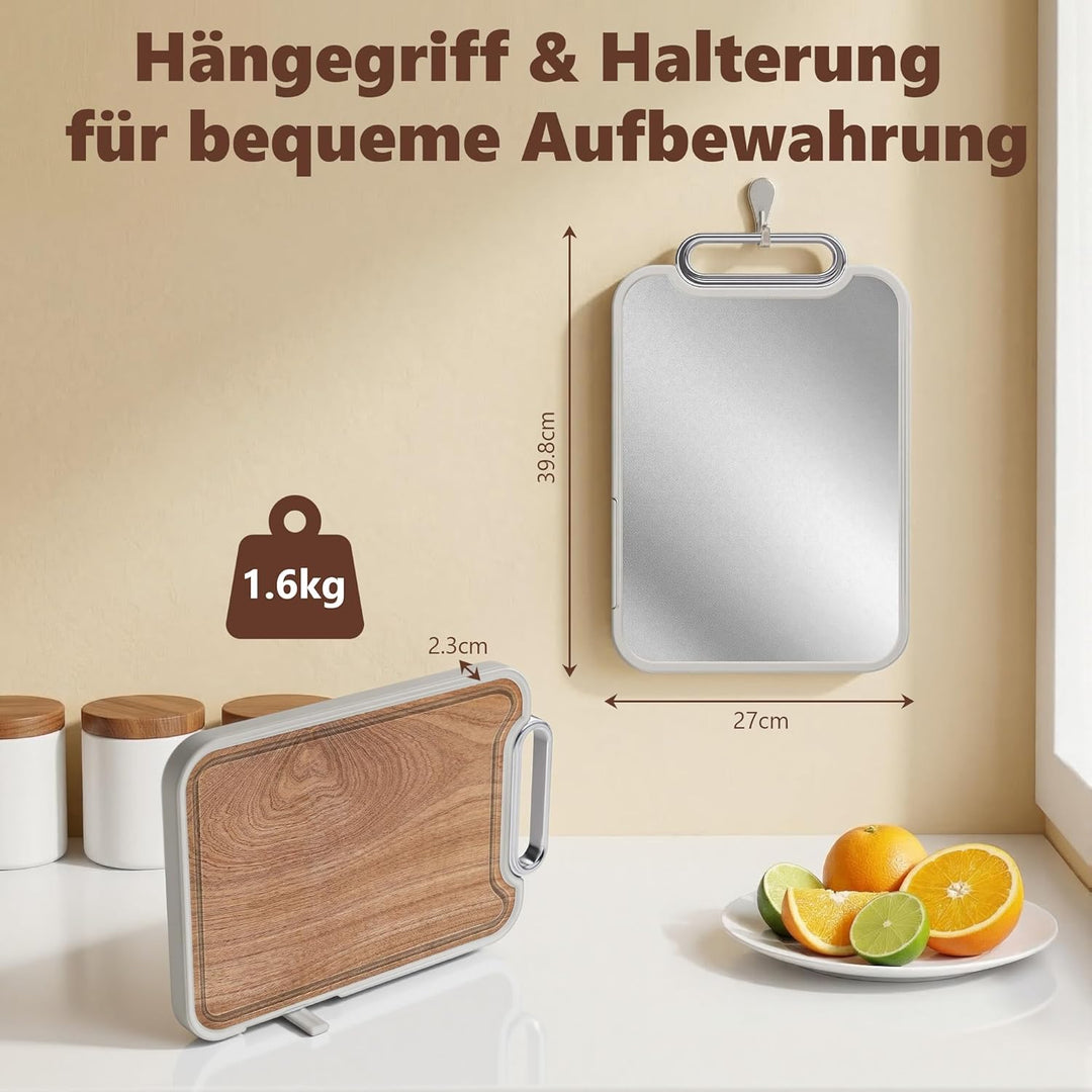 ROTTOGOON Schneidebrett Holz & Edelstahl 2 in 1 Doppelseitiges Schneidebrett mit Saftrille Rutschfes