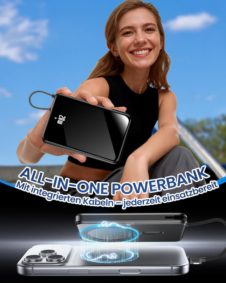 Power Bank 12000mAh, Magnetische Powerbank für iPhone mit 2-in-1 integriertem USB-C & iOS Kabel, Kei