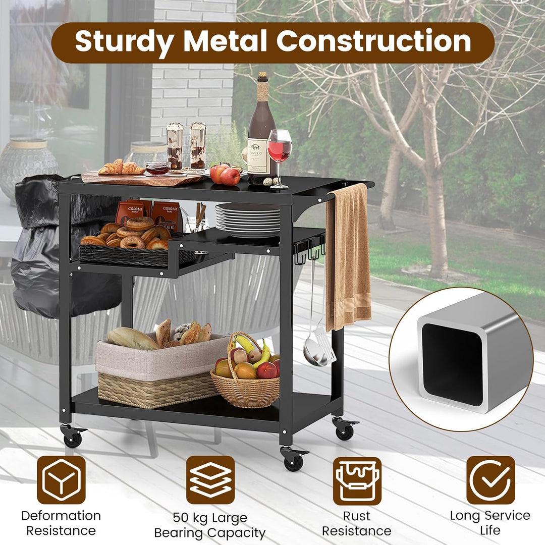 KOMFOTTEU Servierwagen Grillwagen Metall, Garten Rollwagen mit Arbeitstisch, 4 Ablagen & Griff, Gril