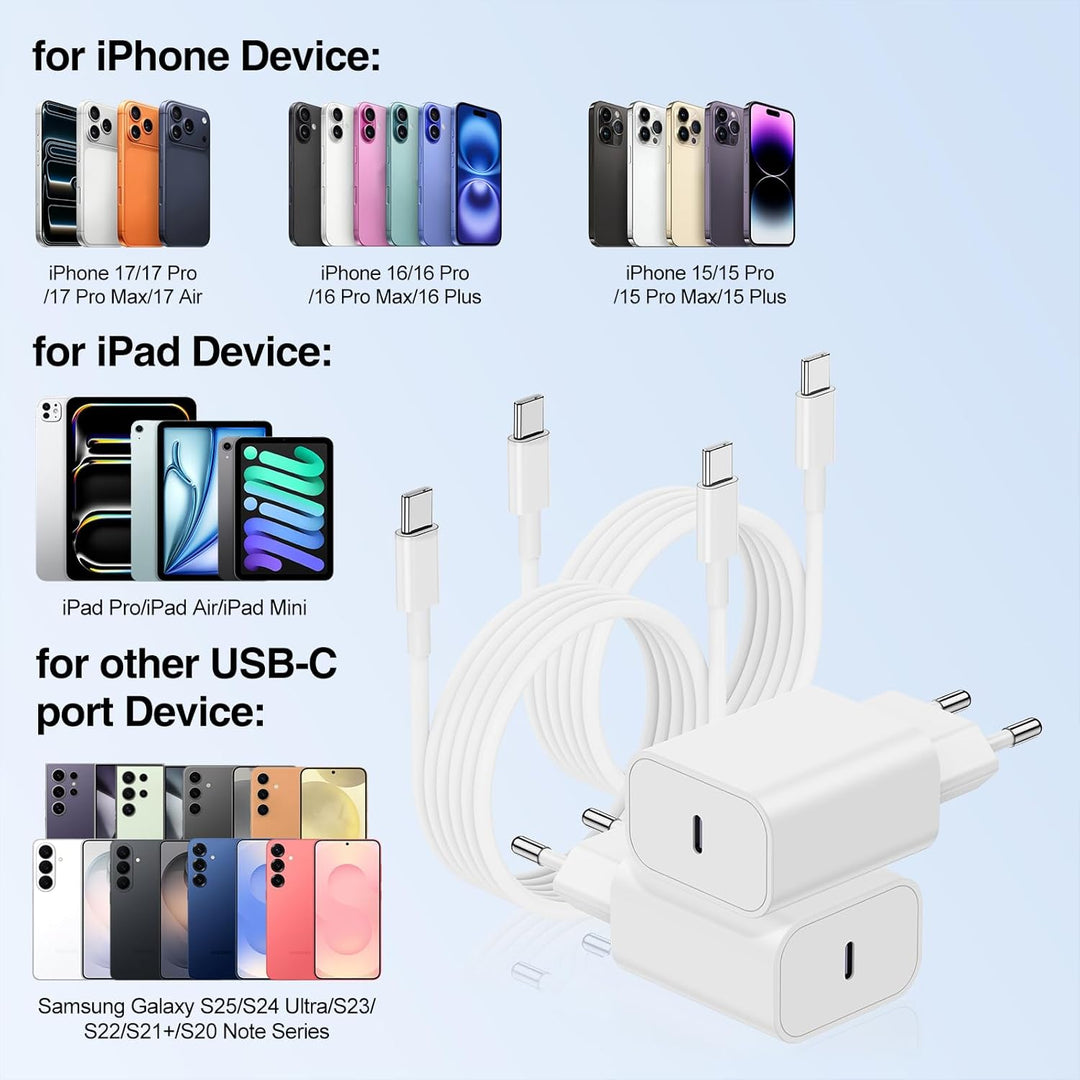2Pack USB C Ladegerät, 20W USBC Ladegerät mit 2M+1M USB C to USB C Ladekabel für Apple iPhone 17 16e