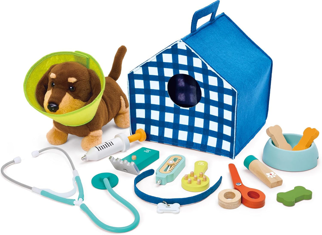 Hape Tierarzt-Set, Interaktiver Hund mit tragbarer Hundehütte, viel Zubehör, ab 3 Jahren