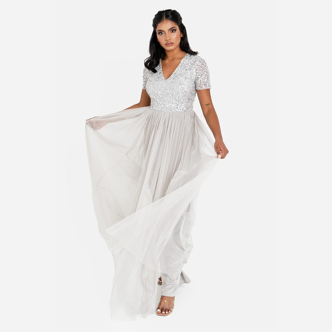 Maya Deluxe Abendkleid mit Pailletten Cocktailkleid Damen mit V-Ausschnitt Tüllkleid Soft Grey 36, S