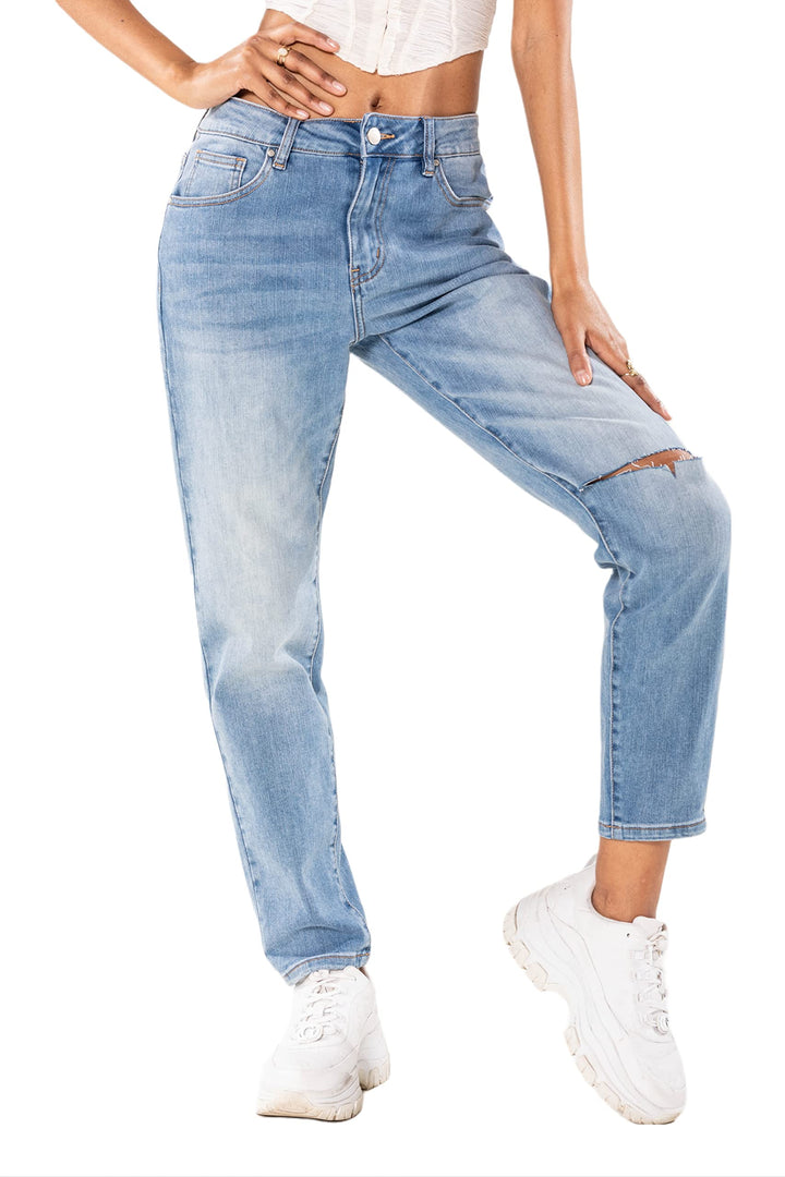 Nina Carter Damen Boyfriend Jeanshosen High Waist MOM Jeans Cutted Knee Used-Look Waschungseffekt XS