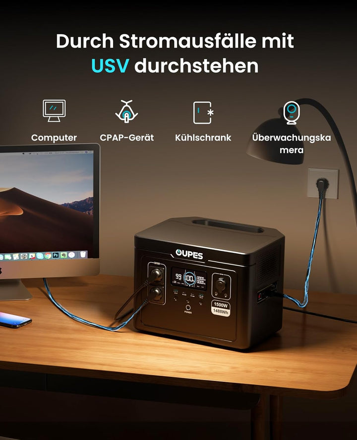 OUPES Exodus 1500 Tragbare Powerstation 1500W, 1488Wh Solargenerator mit 2 Steckdose (Boost 1700W, 3