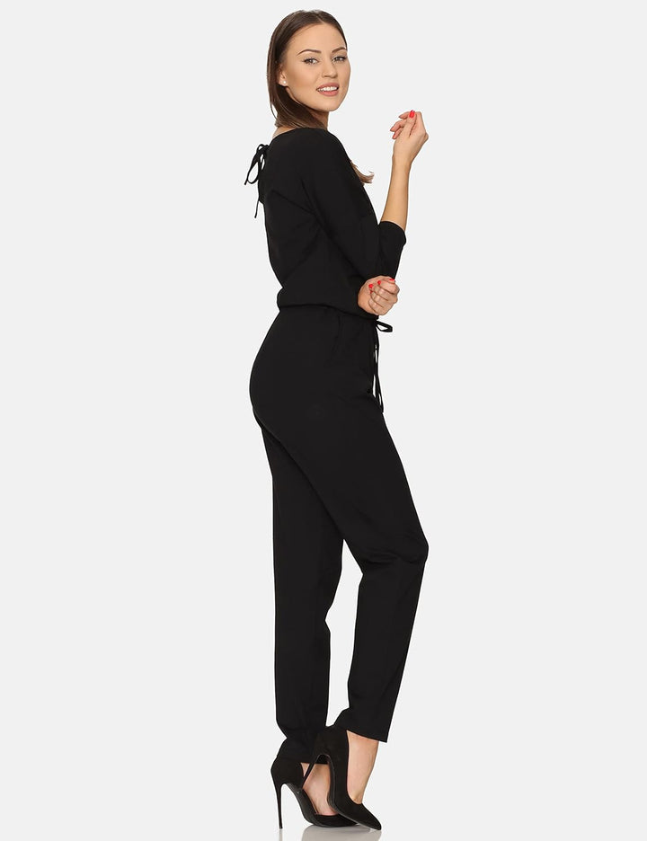 Bellivalini Damen Hosenanzug Einteiler Jumpsuit mit Bindegürtel Freizeitanzug BLV50-212 XXL Schwarz,