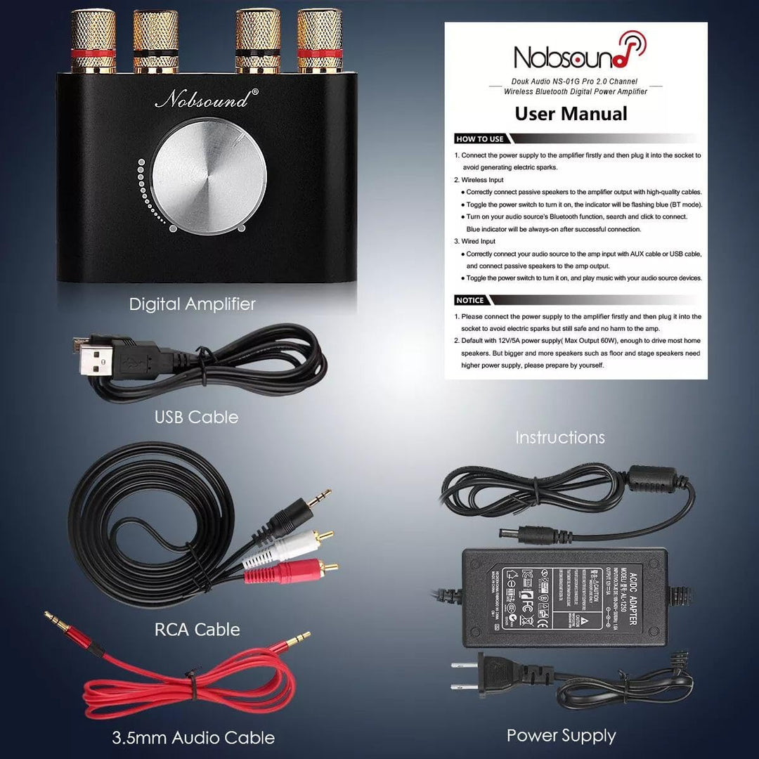 Nobsound Mini Bluetooth 5.0 Digital Power Amplifier HiFi Stereo Verstärker 2.0 Kanal 50W×2 Endstufe
