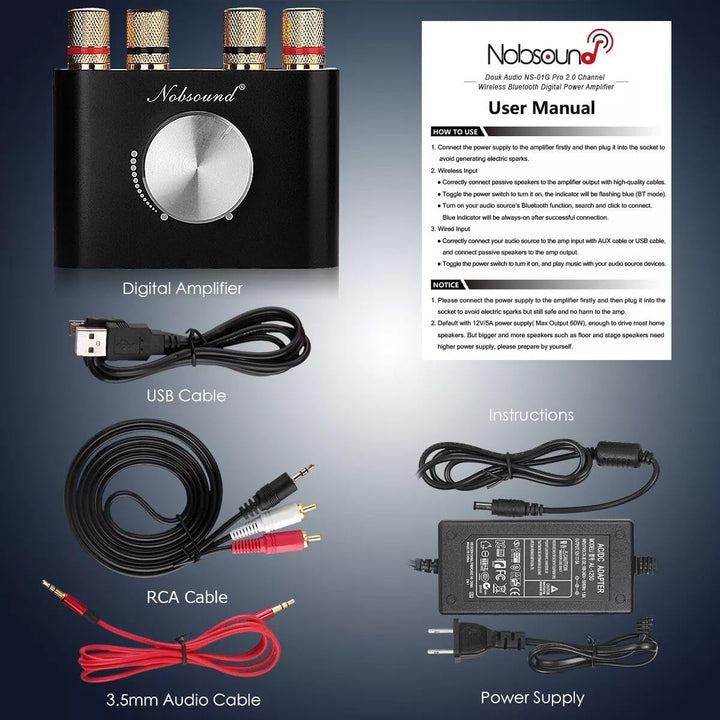 Nobsound Mini Bluetooth 5.0 Digital Power Amplifier HiFi Stereo Verstärker 2.0 Kanal 50W×2 Endstufe
