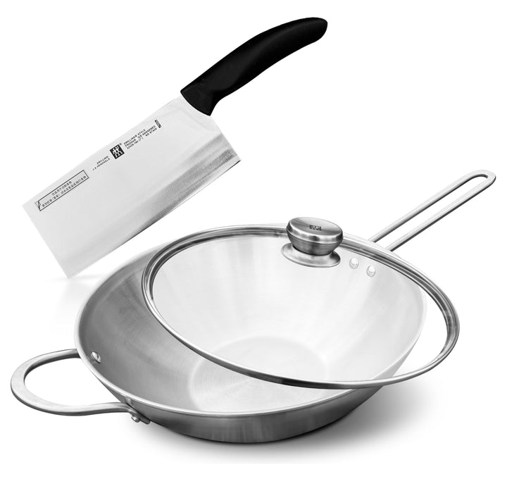 Zwilling TwinNova3 Wok pfanne Induktion 30 cm mit Glasdeckel + Chinesisches Kochmesser 18cm, 3 tlg,