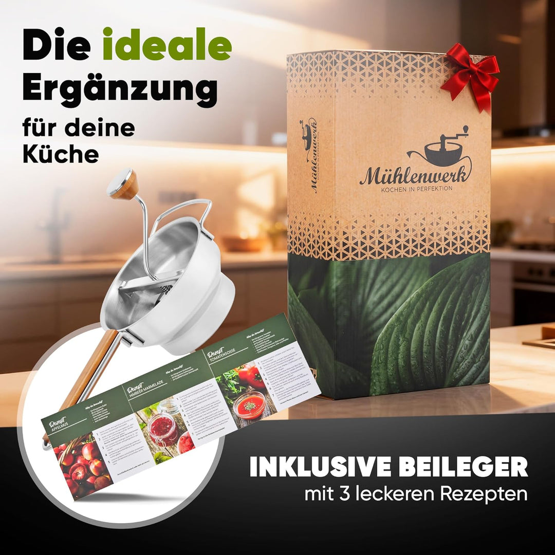 𝐌Ü𝐇𝐋𝐄𝐍𝐖𝐄𝐑𝐊 Passiermühle Edelstahl inkl. 3 Passiersieb-Einlagen [naturreines Eichenholz] 2,3 L Füllvo