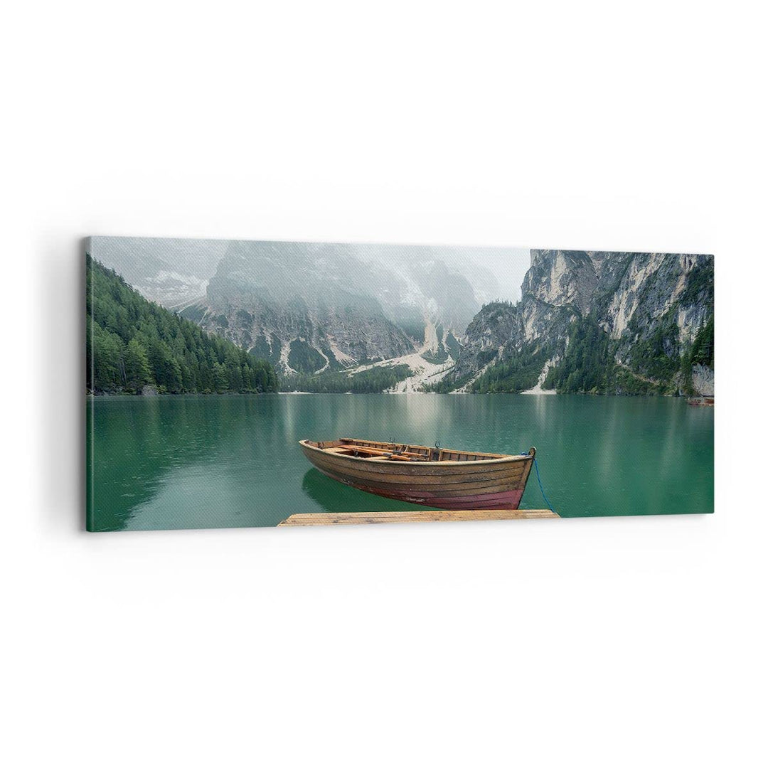 Panorama Bilder auf Leinwand 100x40cm Leinwandbild mit Rahmen Berge See Boot Gross Wanddeko Bild Sch
