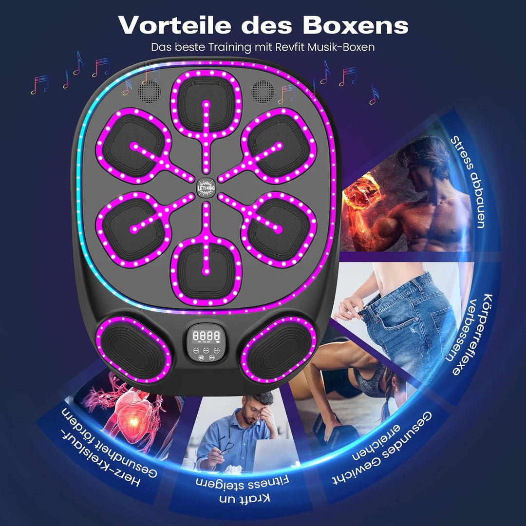 RevFit Music Boxing Machine mit LED-Lichtern, Bluetooth, 9 Geschwindigkeitsmodi & Zählmodus, Elektro