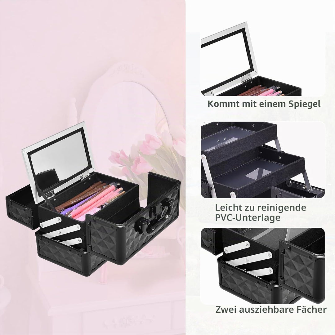 HOMASIS Kosmetikkoffer mit Spiegel, Mini Schminkkoffer mit 3 Ebenen, tragbarer Beauty Case mit Griff