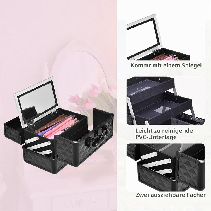 HOMASIS Kosmetikkoffer mit Spiegel, Mini Schminkkoffer mit 3 Ebenen, tragbarer Beauty Case mit Griff