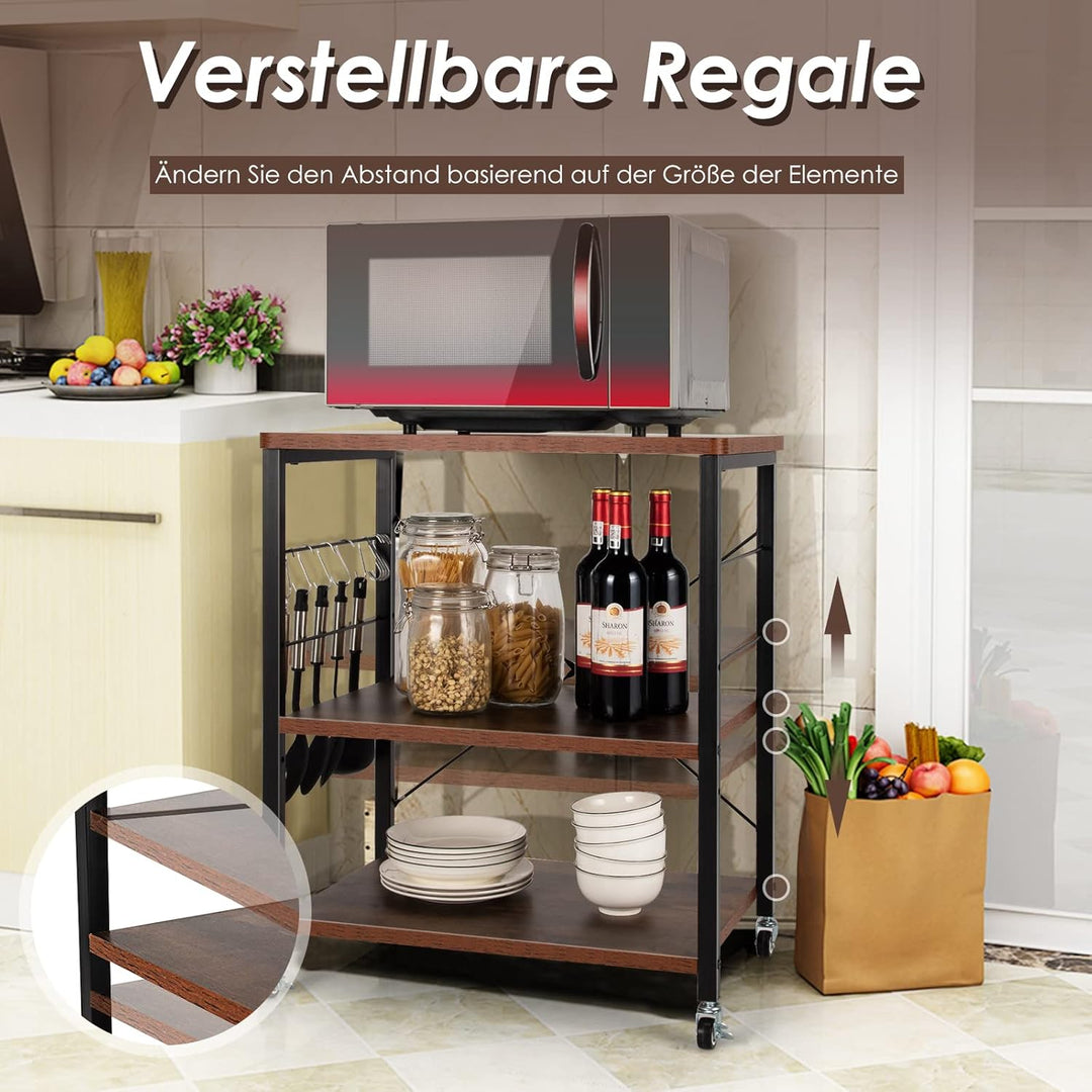 COSTWAY 3 Ebenen Servierwagen, Rollwagen mit Verstellbarer Ablage & 10 abnehmbaren Haken, Küchenwage
