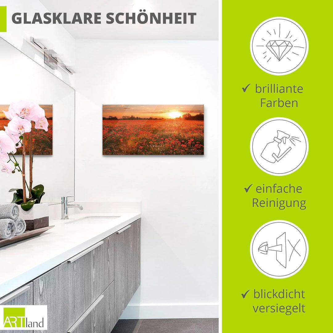 Glasbilder Wandbild Glas Bild einteilig 100x50 cm Querformat Natur Landschaft Blumen Mohnblumen Feld