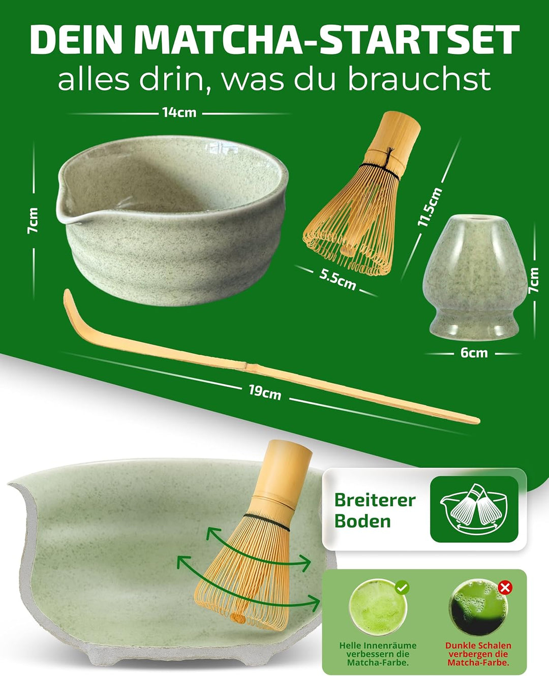 Matcha Set Grün – Premium Matcha Tee Set mit Matcha Schale, Bambus Matcha Besen & Matcha Zubehör - J