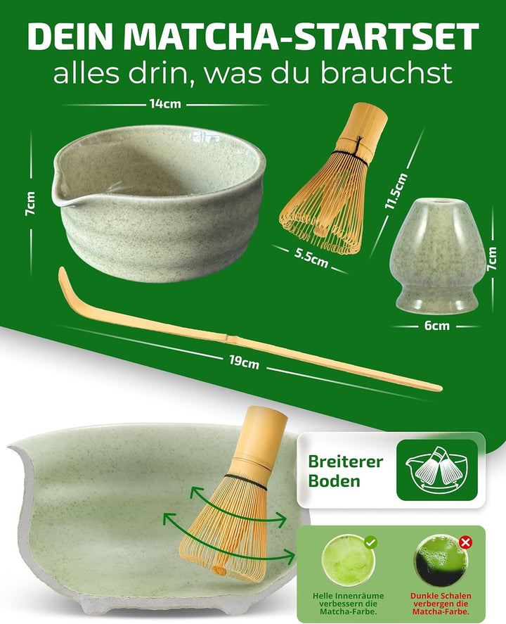 Matcha Set Grün – Premium Matcha Tee Set mit Matcha Schale, Bambus Matcha Besen & Matcha Zubehör - J