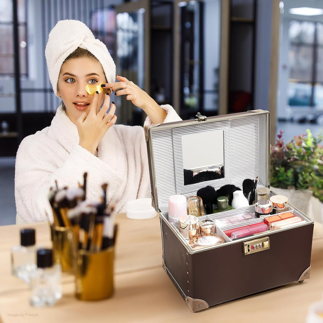 urecity Vintage Leder Kosmetikkoffer mit Spiegel - Hartschale Schminkkoffer für Damen, Reise Make-up