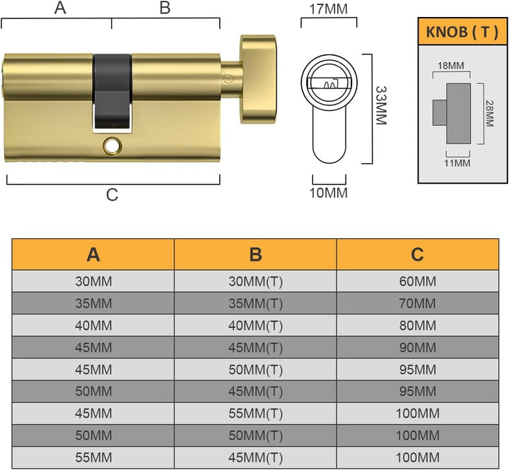 Bwintech 1 Stück 45T/50mm Euro Messingzylinder, 95mm Knauf/Schlüsselschloss mit 5 horizontalen Messi