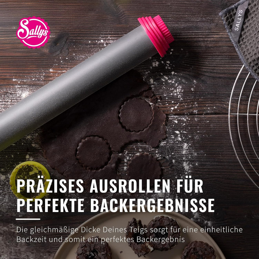 Sallys Profi Ausrollstab- 50 cm, Antihaftbeschichtetes Nudelholz aus Silikon, Teigroller mit abnehmb