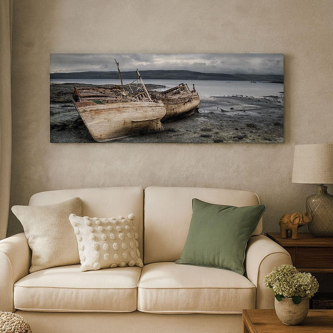 Panorama Bilder auf Leinwand 100x40cm Leinwandbild mit Rahmen Boot Wrack Ufer Gross Wanddeko Bild Sc