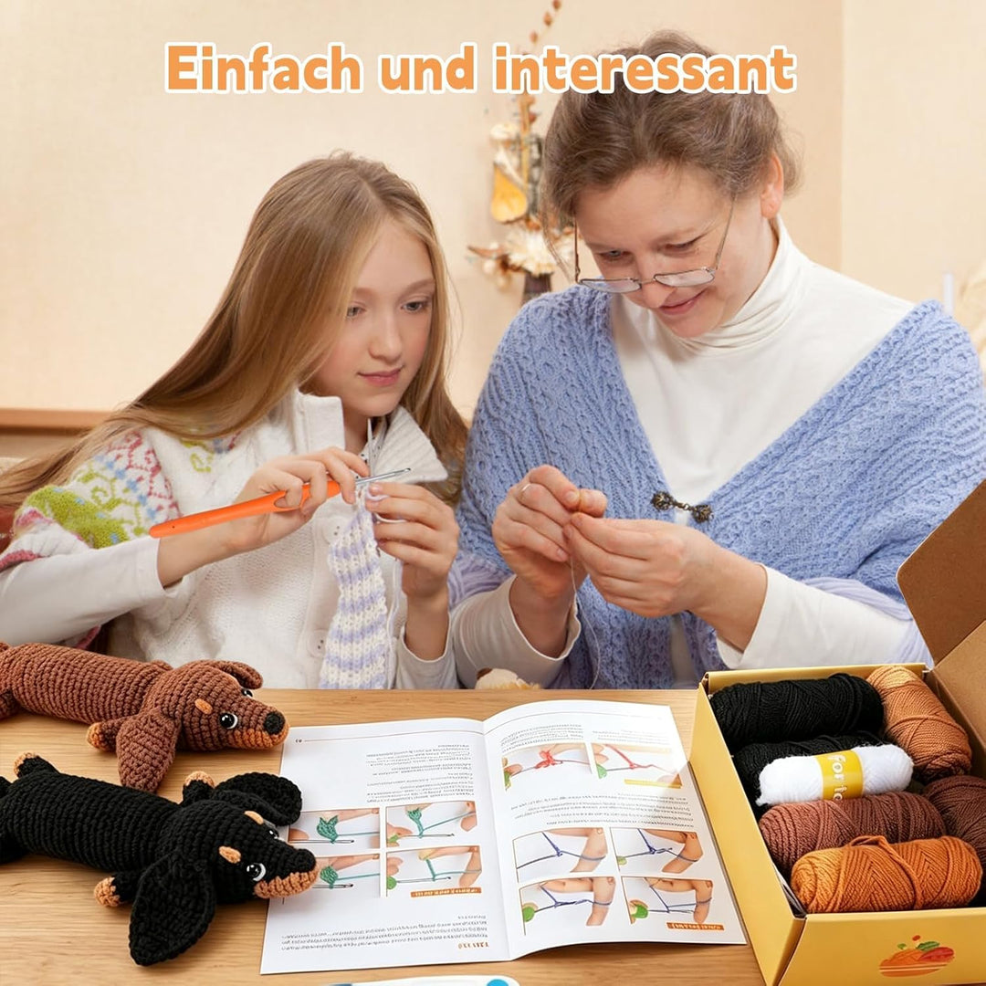 VZU Dackel Häkelset für Anfänger, Komplettes DIY Crochet Tier Kit mit Weichem Garn, Häkelnadel, Anle