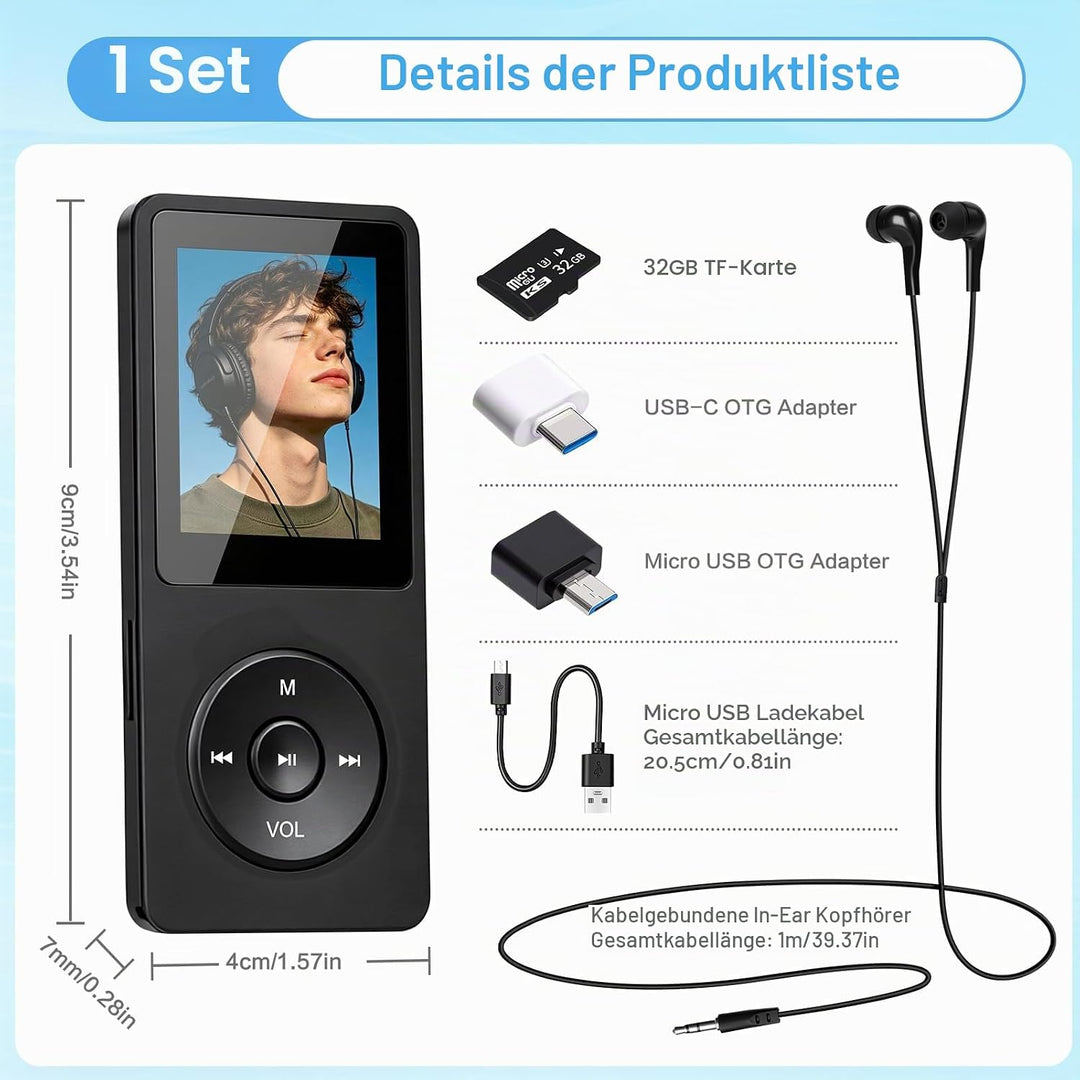 32GB MP3 Player Bluetooth 5.1 mit Lautsprecher, mit 1,8" TFT-Farbbildschirm, Kopfhörer, MP3 Player M