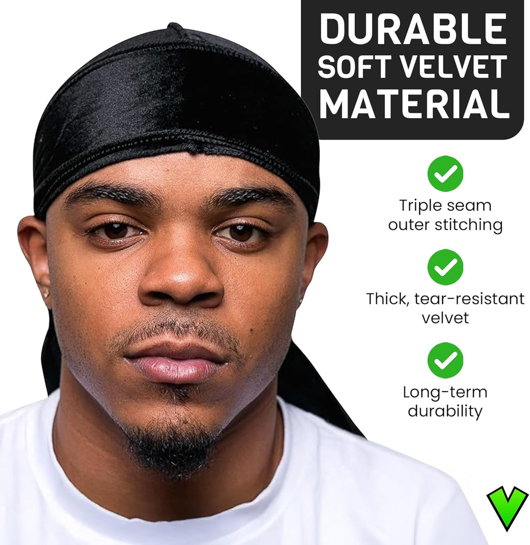Veeta Superior Velvet Durag – Weiche Samt-Durags für Männer und Frauen, Lange, doppelt breite Träger