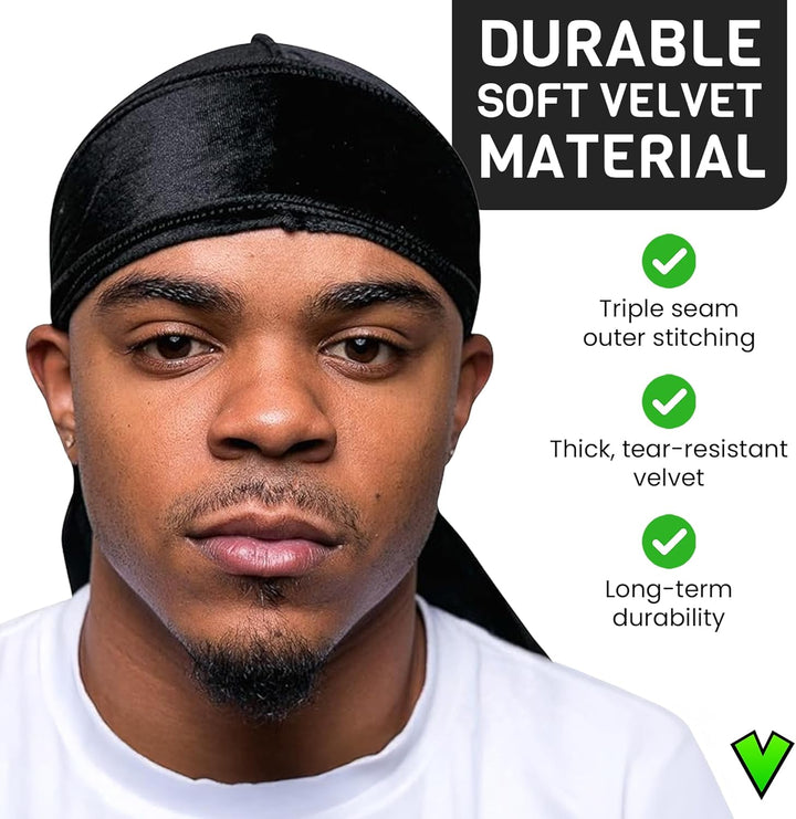Veeta Superior Velvet Durag – Weiche Samt-Durags für Männer und Frauen, Lange, doppelt breite Träger