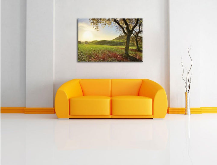 Pixxprint Landschaft im Herbst Kunst Buntstift Effekt, Format: 100x70 auf Leinwand, XXL riesige Bild