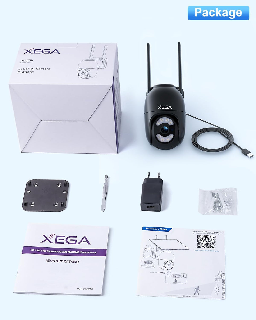 Xega 4G LTE Überwachungskamera mit SIM Karte【Kabelgebunden】 24/7 Kontinuierliche Aufzeichnung, 2K Au