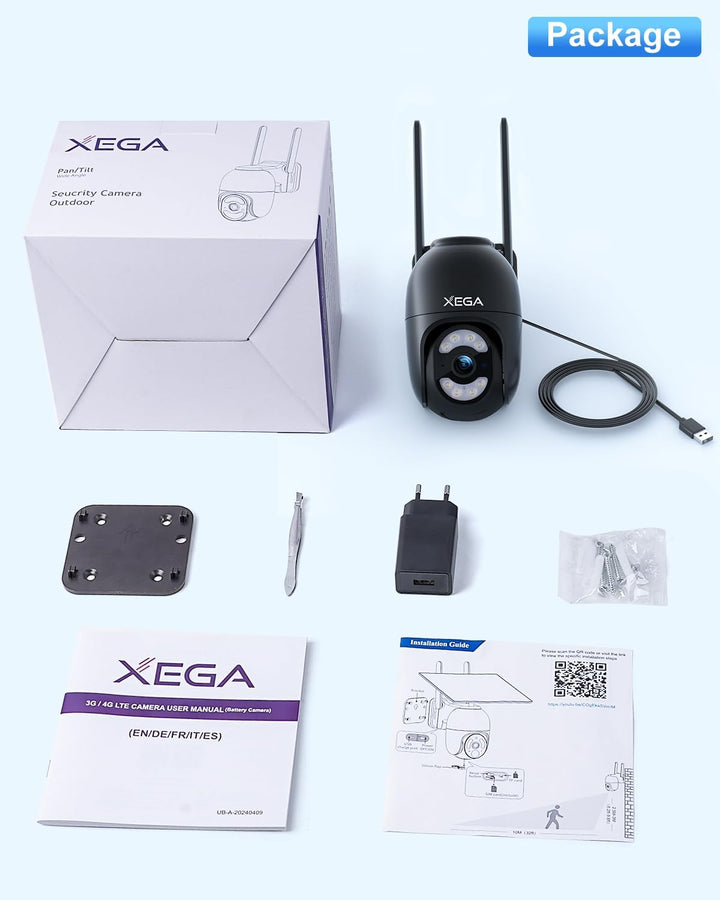 Xega 4G LTE Überwachungskamera mit SIM Karte【Kabelgebunden】 24/7 Kontinuierliche Aufzeichnung, 2K Au