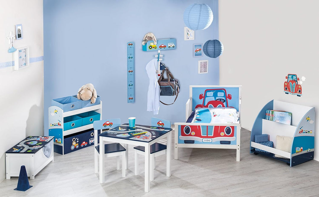 roba Spielzeugregal Rennfahrer - Spielregal für Kinderzimmer mit 5 Boxen aus Stoff - mit Auto Motiv