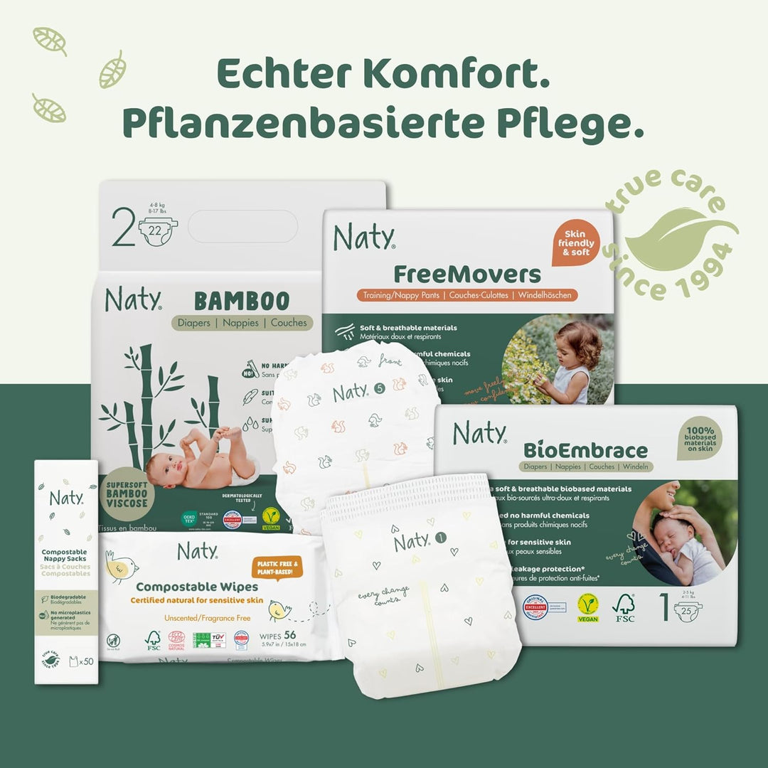 Naty Baby Feuchttücher | 100% pflanzenbasiert &amp; unparfümiert für empfindliche Haut | Plastikfreie &amp;