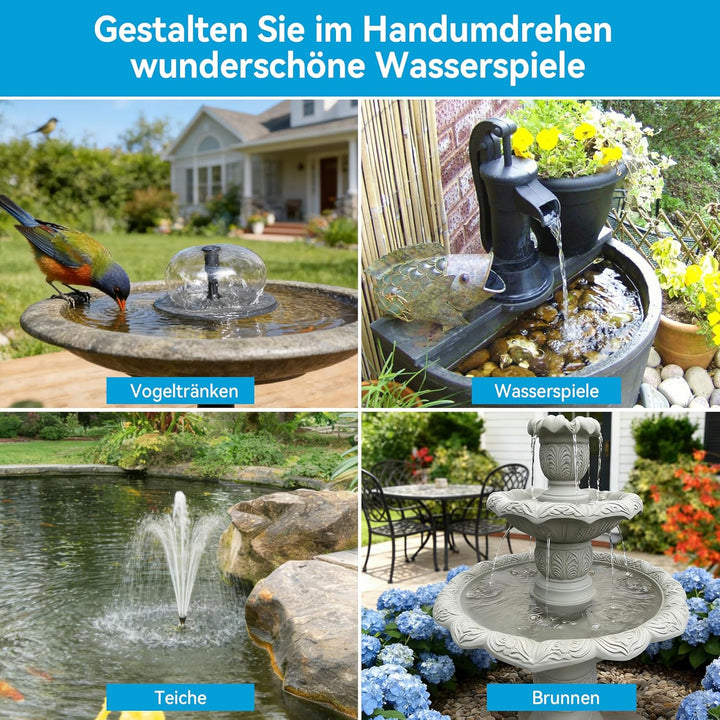 POPOSOAP Solar Springbrunnen für Aussen, 6,5 W 240 L/h Solarbrunnen mit integriertem 3000 mAh Akku,